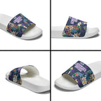 Melbourne Storm Slide Sandals Tropical Hibiscus Floral Pattern With Purple And Blue Accents