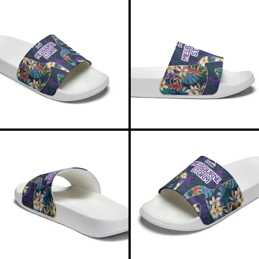 Melbourne Storm Slide Sandals Tropical Hibiscus Floral Pattern With Purple And Blue Accents
