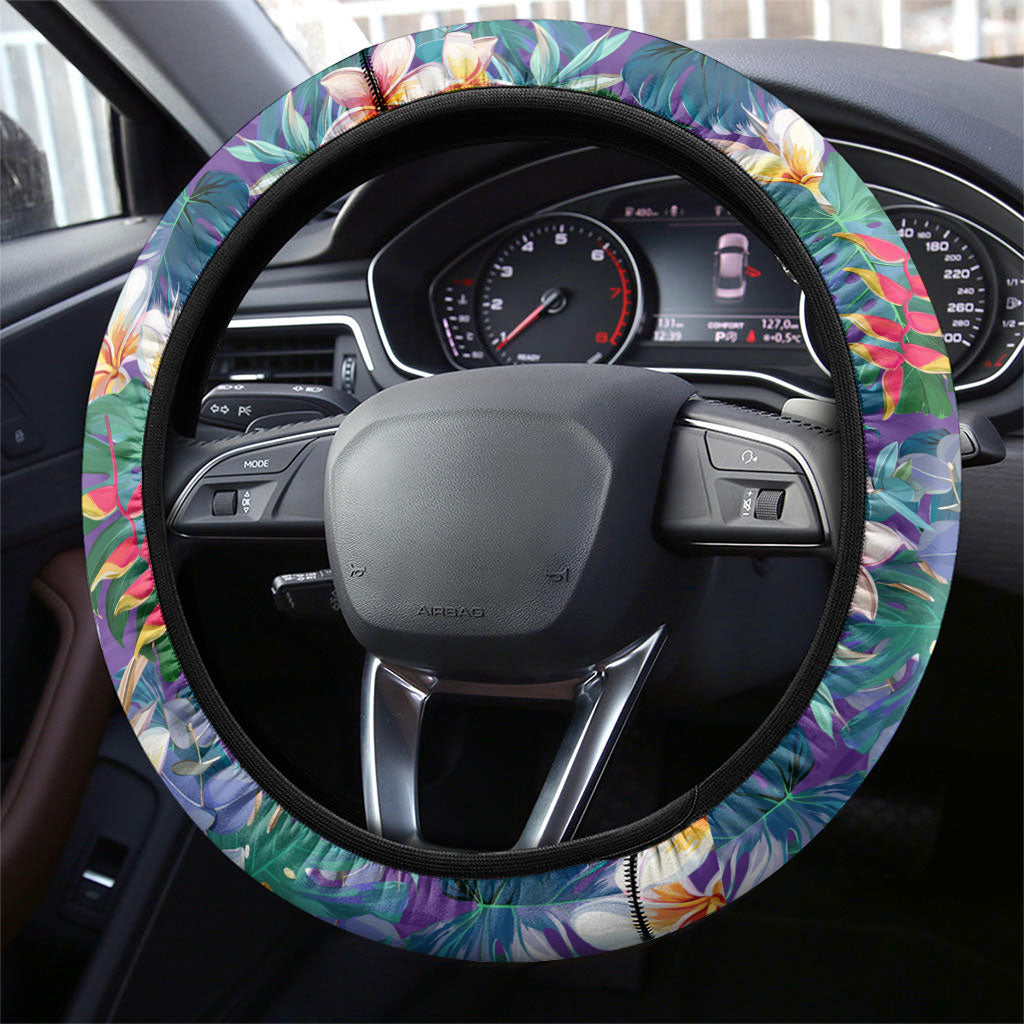 Melbourne Storm Steering Wheel Cover Tropical Hibiscus Floral Pattern With Purple And Blue Accents