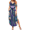Melbourne Storm Summer Maxi Dress Tropical Hibiscus Floral Pattern With Purple And Blue Accents