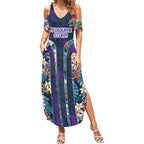 Melbourne Storm Summer Maxi Dress Tropical Hibiscus Floral Pattern With Purple And Blue Accents