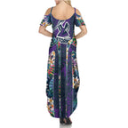 Melbourne Storm Summer Maxi Dress Tropical Hibiscus Floral Pattern With Purple And Blue Accents