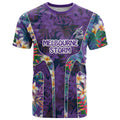 Melbourne Storm T Shirt Tropical Hibiscus Floral Pattern With Purple And Blue Accents
