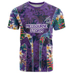 Melbourne Storm T Shirt Tropical Hibiscus Floral Pattern With Purple And Blue Accents