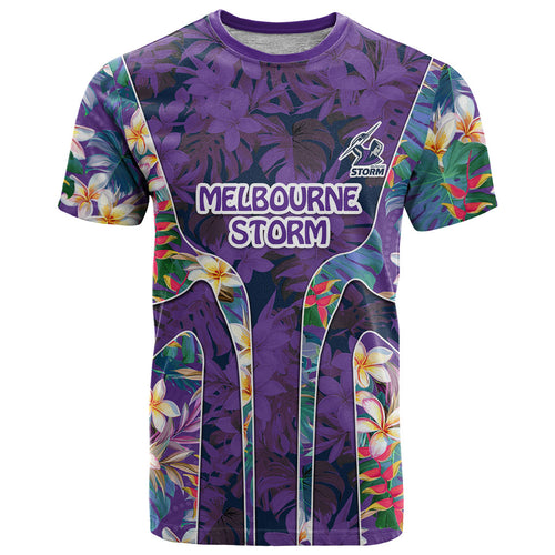 Melbourne Storm T Shirt Tropical Hibiscus Floral Pattern With Purple And Blue Accents