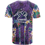 Melbourne Storm T Shirt Tropical Hibiscus Floral Pattern With Purple And Blue Accents