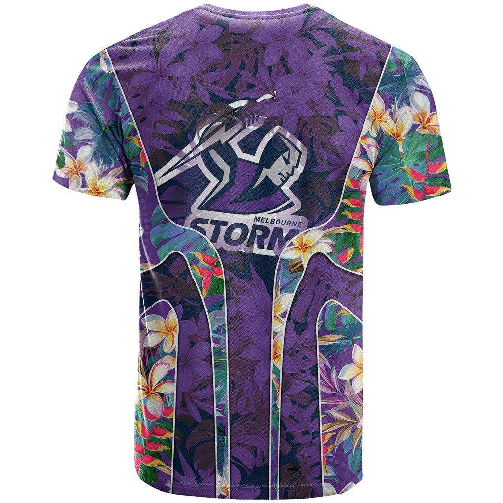 Melbourne Storm T Shirt Tropical Hibiscus Floral Pattern With Purple And Blue Accents
