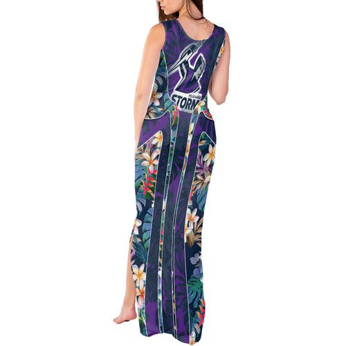 Melbourne Storm Tank Maxi Dress Tropical Hibiscus Floral Pattern With Purple And Blue Accents