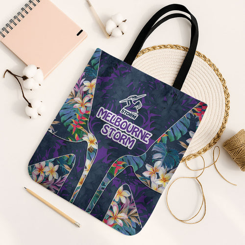 Melbourne Storm Tote Bag Tropical Hibiscus Floral Pattern With Purple And Blue Accents