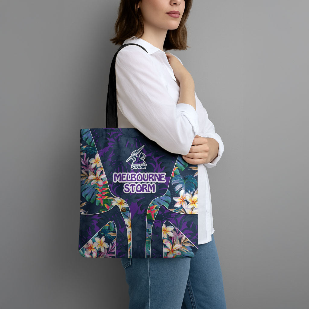 Melbourne Storm Tote Bag Tropical Hibiscus Floral Pattern With Purple And Blue Accents