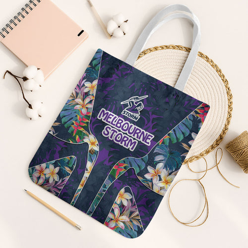 Melbourne Storm Tote Bag Tropical Hibiscus Floral Pattern With Purple And Blue Accents