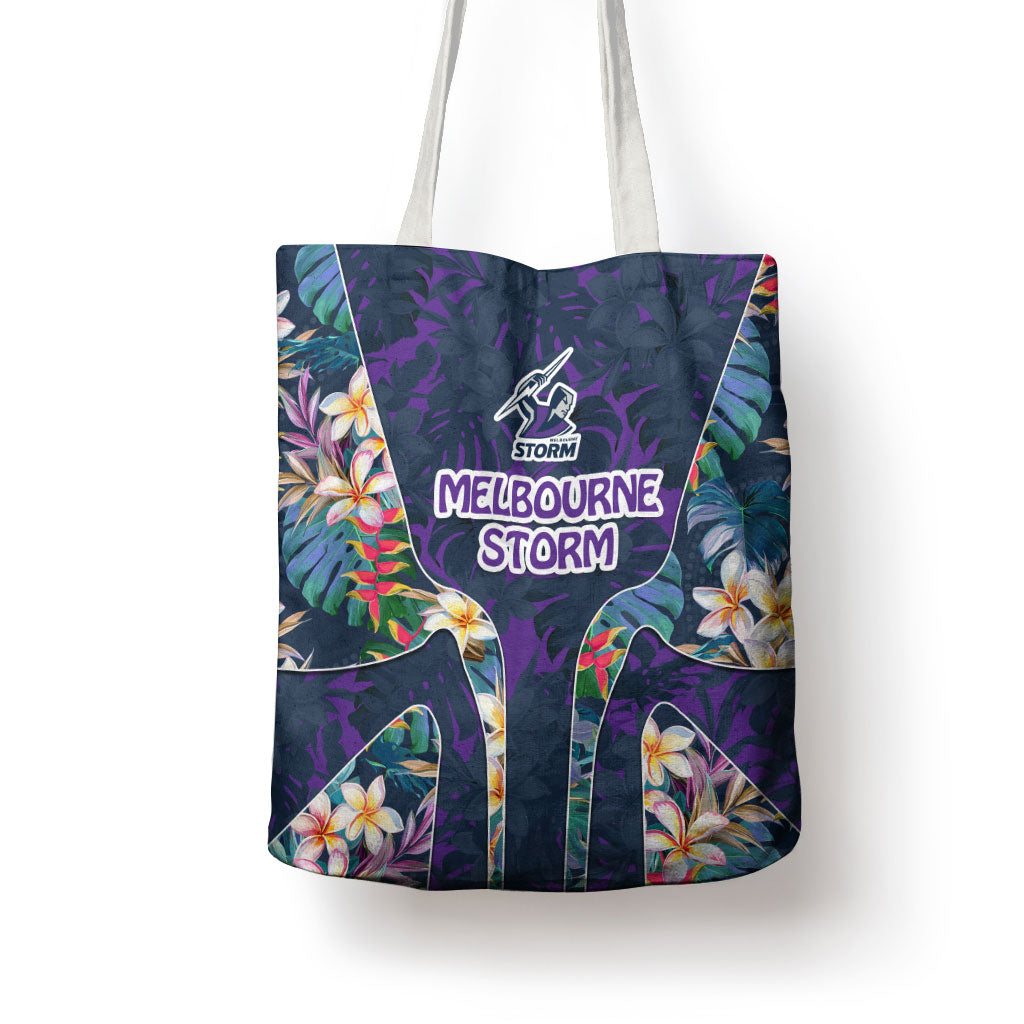 Melbourne Storm Tote Bag Tropical Hibiscus Floral Pattern With Purple And Blue Accents