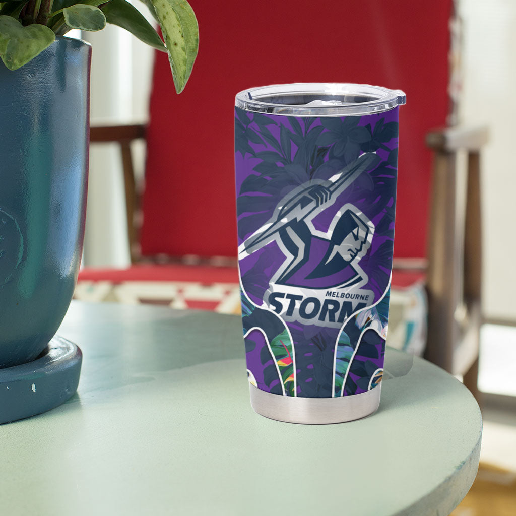 Melbourne Storm Tumbler Cup Tropical Hibiscus Floral Pattern With Purple And Blue Accents