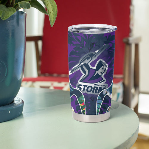 Melbourne Storm Tumbler Cup Tropical Hibiscus Floral Pattern With Purple And Blue Accents
