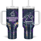Melbourne Storm Tumbler With Handle Tropical Hibiscus Floral Pattern With Purple And Blue Accents