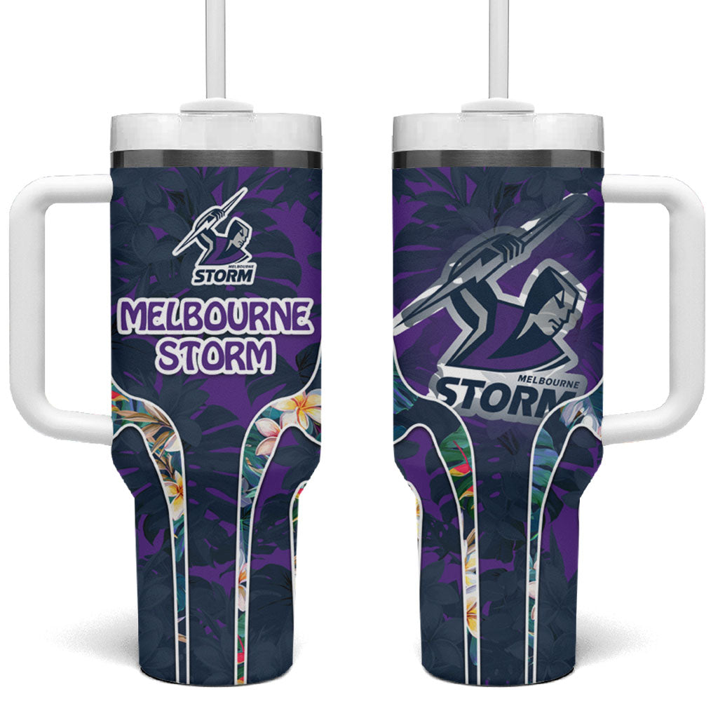 Melbourne Storm Tumbler With Handle Tropical Hibiscus Floral Pattern With Purple And Blue Accents