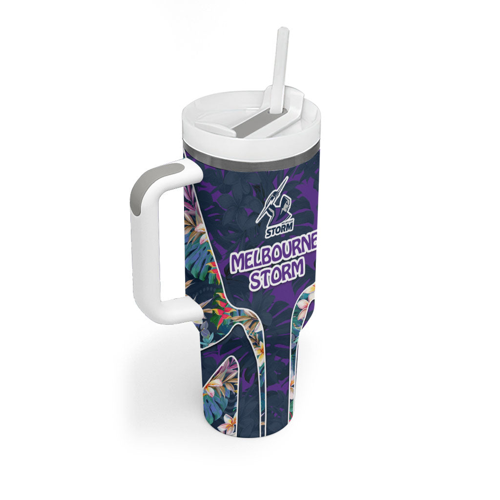 Melbourne Storm Tumbler With Handle Tropical Hibiscus Floral Pattern With Purple And Blue Accents