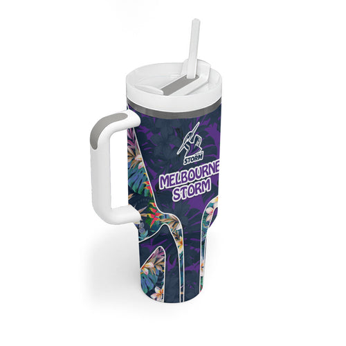 Melbourne Storm Tumbler With Handle Tropical Hibiscus Floral Pattern With Purple And Blue Accents