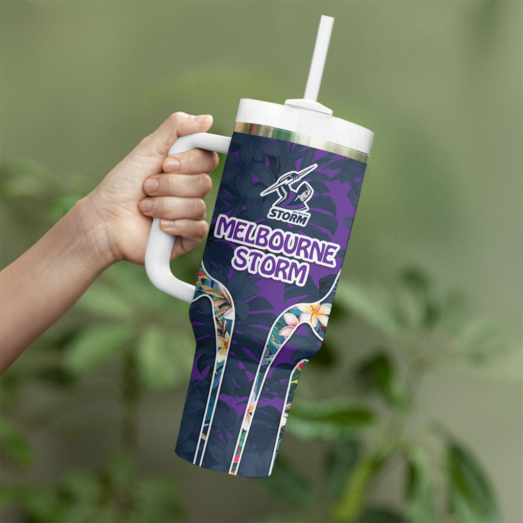 Melbourne Storm Tumbler With Handle Tropical Hibiscus Floral Pattern With Purple And Blue Accents