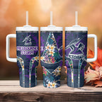 Melbourne Storm Tumbler With Handle Tropical Hibiscus Floral Pattern With Purple And Blue Accents