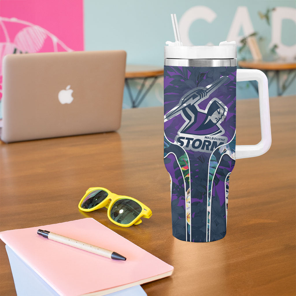 Melbourne Storm Tumbler With Handle Tropical Hibiscus Floral Pattern With Purple And Blue Accents