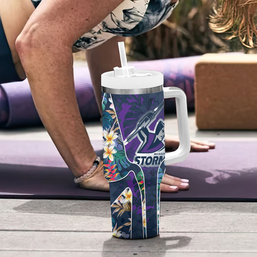 Melbourne Storm Tumbler With Handle Tropical Hibiscus Floral Pattern With Purple And Blue Accents