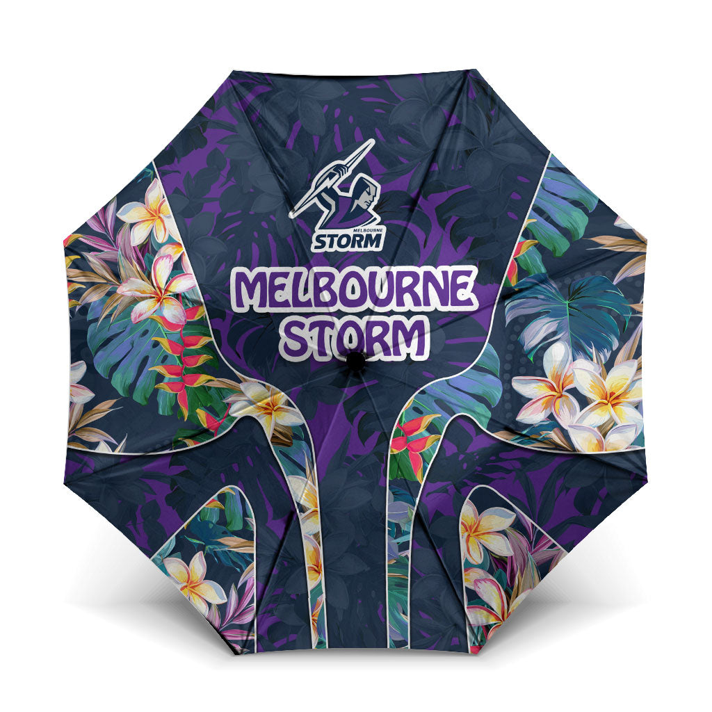 Melbourne Storm Umbrella Tropical Hibiscus Floral Pattern With Purple And Blue Accents