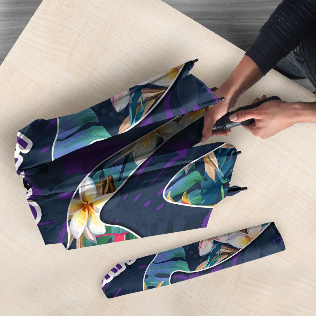 Melbourne Storm Umbrella Tropical Hibiscus Floral Pattern With Purple And Blue Accents