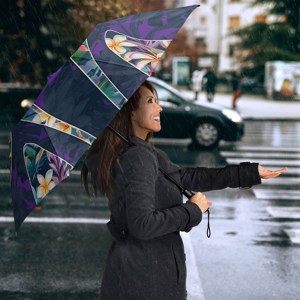 Melbourne Storm Umbrella Tropical Hibiscus Floral Pattern With Purple And Blue Accents