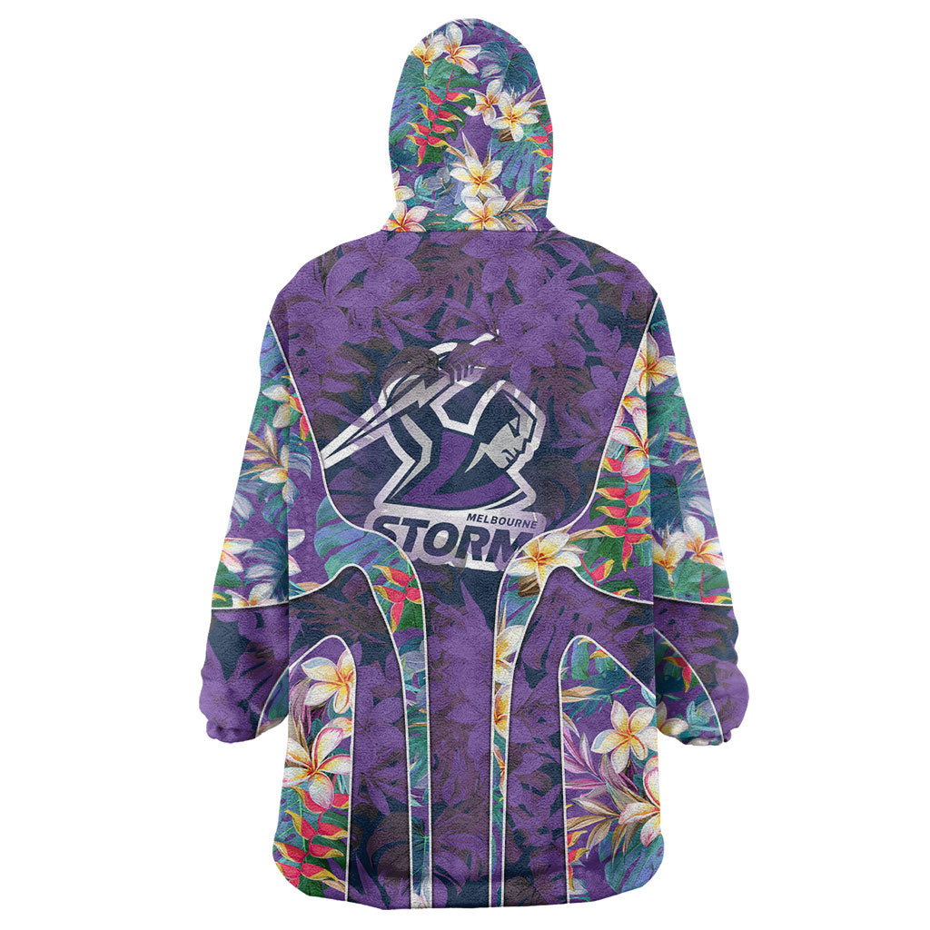 Melbourne Storm Wearable Blanket Hoodie Tropical Hibiscus Floral Pattern With Purple And Blue Accents