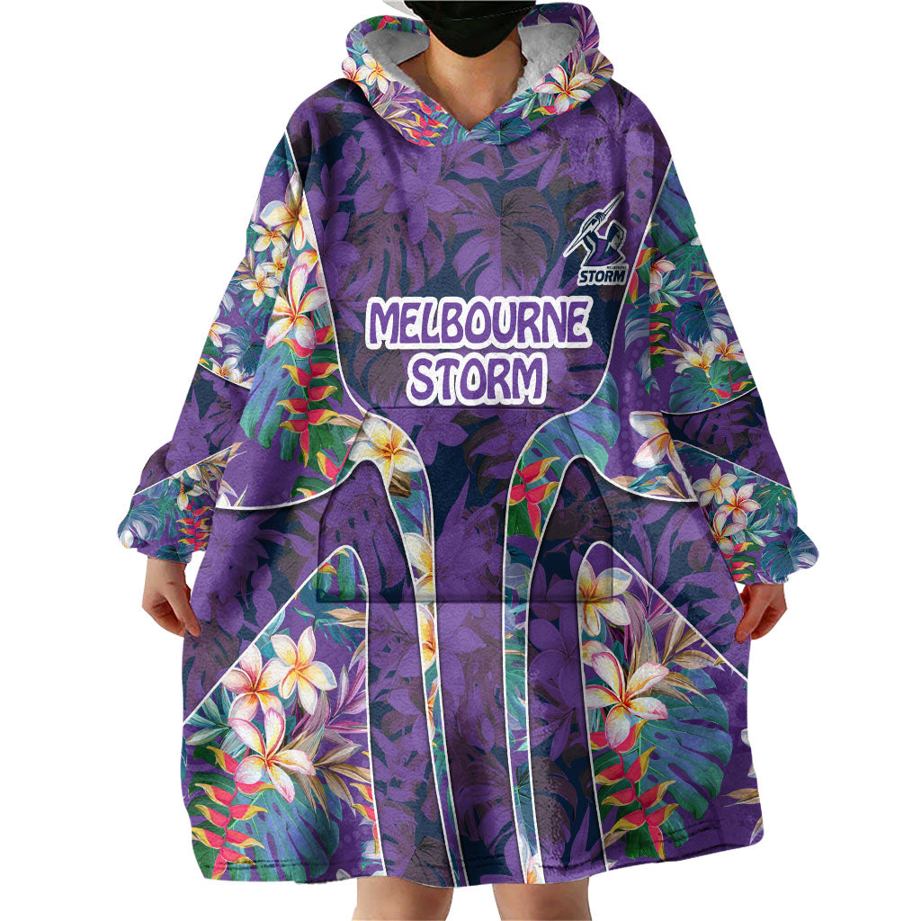Melbourne Storm Wearable Blanket Hoodie Tropical Hibiscus Floral Pattern With Purple And Blue Accents
