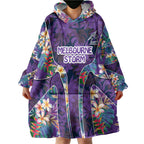 Melbourne Storm Wearable Blanket Hoodie Tropical Hibiscus Floral Pattern With Purple And Blue Accents