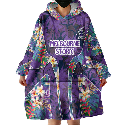 Melbourne Storm Wearable Blanket Hoodie Tropical Hibiscus Floral Pattern With Purple And Blue Accents