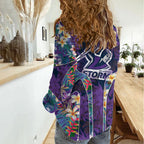 Melbourne Storm Women Casual Shirt Tropical Hibiscus Floral Pattern With Purple And Blue Accents