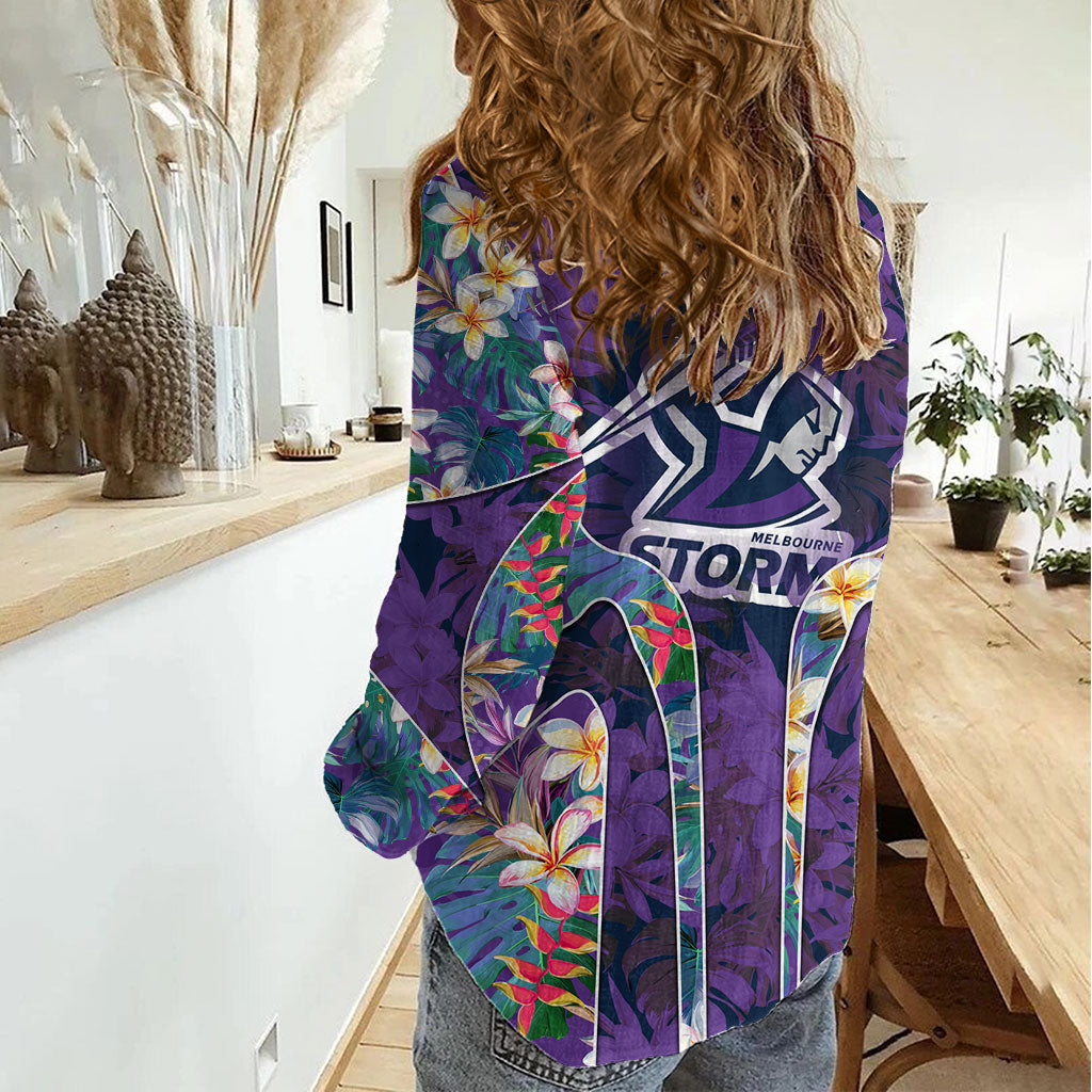 Melbourne Storm Women Casual Shirt Tropical Hibiscus Floral Pattern With Purple And Blue Accents