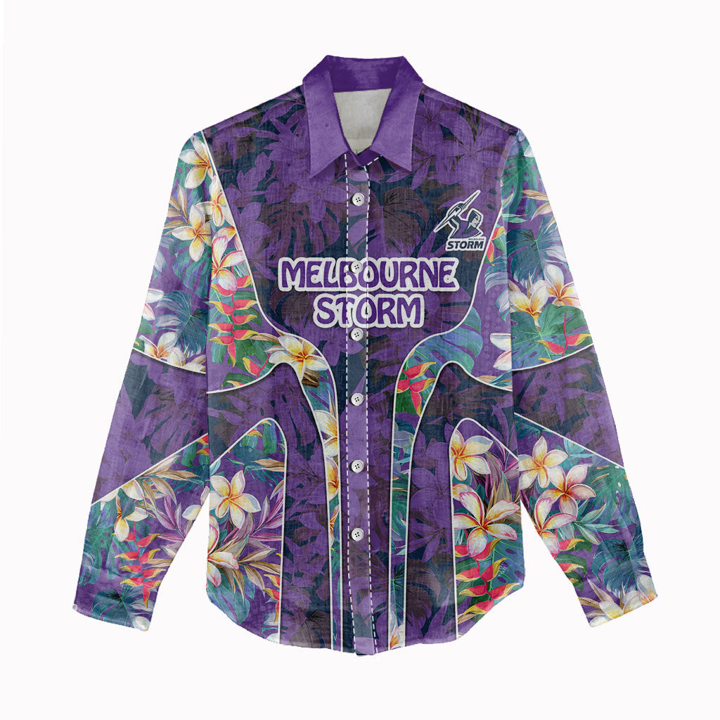 Melbourne Storm Women Casual Shirt Tropical Hibiscus Floral Pattern With Purple And Blue Accents