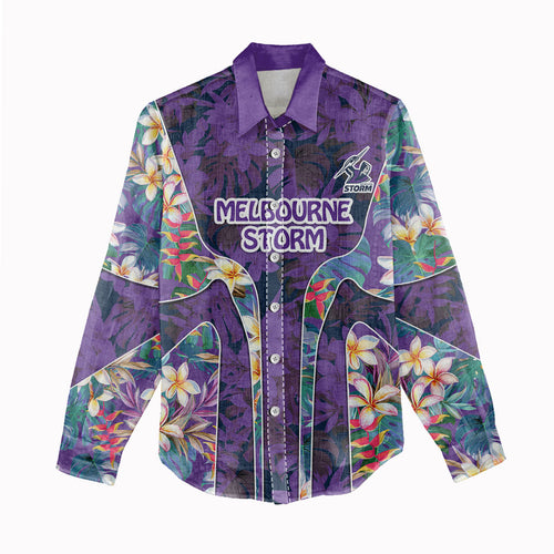 Melbourne Storm Women Casual Shirt Tropical Hibiscus Floral Pattern With Purple And Blue Accents