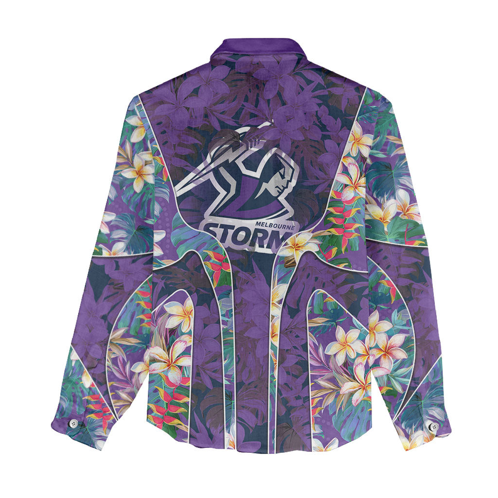 Melbourne Storm Women Casual Shirt Tropical Hibiscus Floral Pattern With Purple And Blue Accents