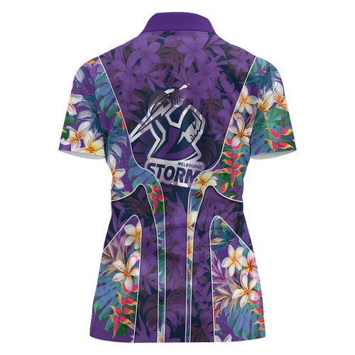 Melbourne Storm Women Polo Shirt Tropical Hibiscus Floral Pattern With Purple And Blue Accents