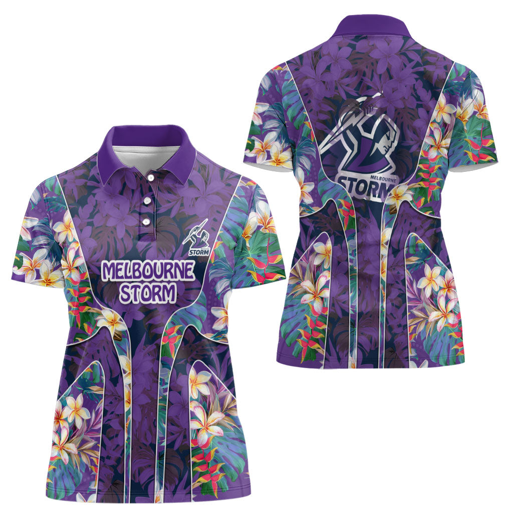 Melbourne Storm Women Polo Shirt Tropical Hibiscus Floral Pattern With Purple And Blue Accents