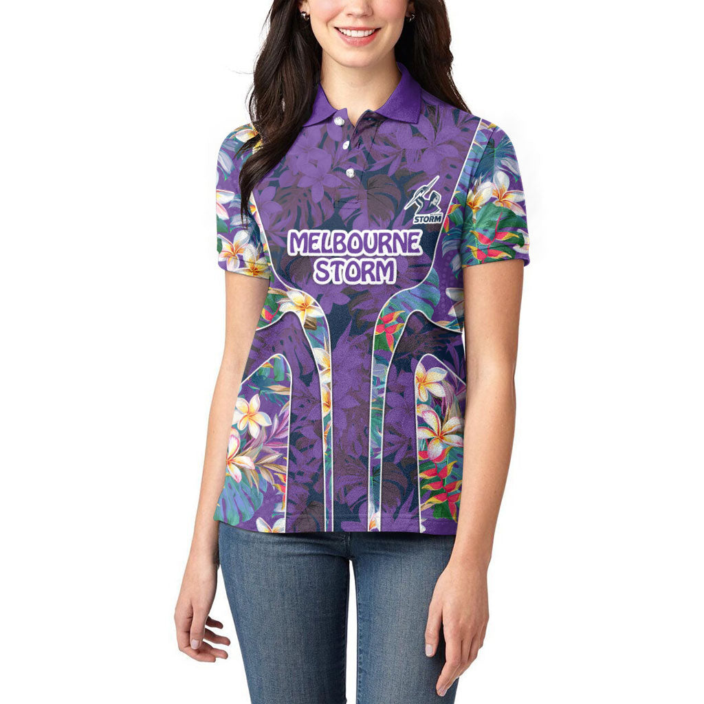 Melbourne Storm Women Polo Shirt Tropical Hibiscus Floral Pattern With Purple And Blue Accents