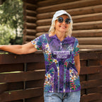 Melbourne Storm Women Polo Shirt Tropical Hibiscus Floral Pattern With Purple And Blue Accents