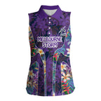 Melbourne Storm Women Sleeveless Polo Shirt Tropical Hibiscus Floral Pattern With Purple And Blue Accents