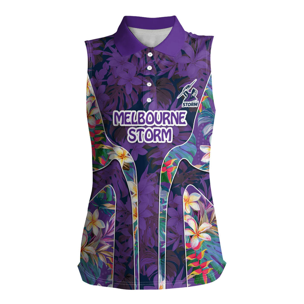 Melbourne Storm Women Sleeveless Polo Shirt Tropical Hibiscus Floral Pattern With Purple And Blue Accents