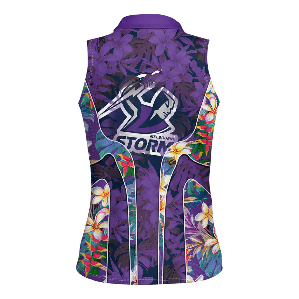 Melbourne Storm Women Sleeveless Polo Shirt Tropical Hibiscus Floral Pattern With Purple And Blue Accents