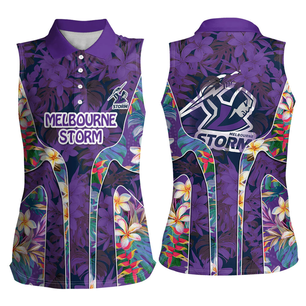 Melbourne Storm Women Sleeveless Polo Shirt Tropical Hibiscus Floral Pattern With Purple And Blue Accents