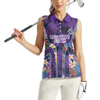 Melbourne Storm Women Sleeveless Polo Shirt Tropical Hibiscus Floral Pattern With Purple And Blue Accents