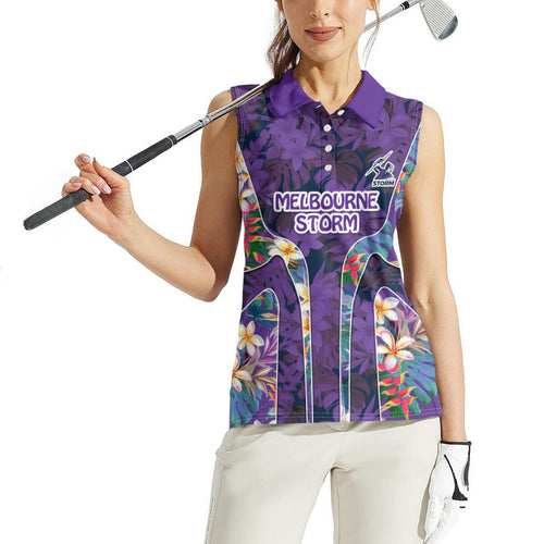 Melbourne Storm Women Sleeveless Polo Shirt Tropical Hibiscus Floral Pattern With Purple And Blue Accents