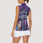 Melbourne Storm Women Sleeveless Polo Shirt Tropical Hibiscus Floral Pattern With Purple And Blue Accents
