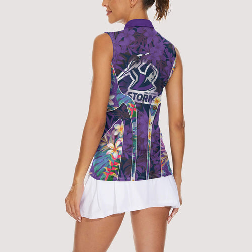 Melbourne Storm Women Sleeveless Polo Shirt Tropical Hibiscus Floral Pattern With Purple And Blue Accents